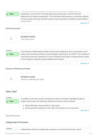 Chief Accountant
 Kegan
The Chief Accountant, under the direction of the CEO, is responsible for
supervision and control of the general accounting area, and for financial
statement and report preparation. This individual will possess a university degree
in accounting and have at least 5 years of job experience related to real estate or
construction.
The Chief Accountant will be responsible for the supervision and control of the
MEMBER NAME
Chief Accountant
Director of Marketing & Sales
Examples
 Kegan
The Director of Marketing & Sates will provide leadership and coordination of all
sales and marketing functions and strategies reporting to the CEO. This individual
must have previous experience in the marketing and sales of single-family homes
in the Kingdom. Specific responsibilities will include:
Direct and coordinate Company sales and marketing functions;
MEMBER NAME
Director of Marketing & Sales
Other Staff
Start Writing here...
Examples
 Kegan
In addition to the four senior management team members highlighted above,
Kegan will employ the following additional full-time staff members:
Sales Manager responsible for villa sales
Administrative Assistant to the CEO and Director of Construction
Part-time sales agents will assist the Sales Manager in villa sales. All other
Independent Directors
Examples
Independent directors collectively possess an extensive business, legal,
Read More 
Read More 
Read More 


2019 Business Plan | Real Estate Business Plan 17 / 25
 