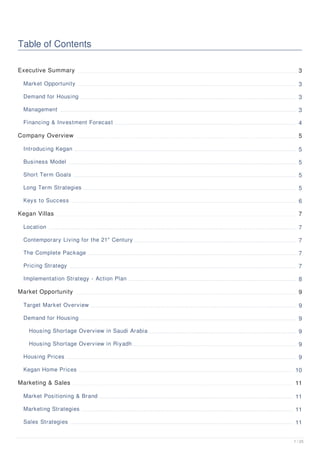 Table of Contents
Executive Summary 3
Market Opportunity 3
Demand for Housing 3
Management 3
Financing & Investment Forecast 4
Company Overview 5
Introducing Kegan 5
Business Model 5
Short Term Goals 5
Long Term Strategies 5
Keys to Success 6
Kegan Villas 7
Location 7
Contemporary Living for the 21" Century 7
The Complete Package 7
Pricing Strategy 7
Implementation Strategy - Action Plan 8
Market Opportunity 9
Target Market Overview 9
Demand for Housing 9
Housing Shortage Overview in Saudi Arabia 9
Housing Shortage Overview in Riyadh 9
Housing Prices 9
Kegan Home Prices 10
Marketing & Sales 11
Market Positioning & Brand 11
Marketing Strategies 11
Sales Strategies 11
1 / 25
 