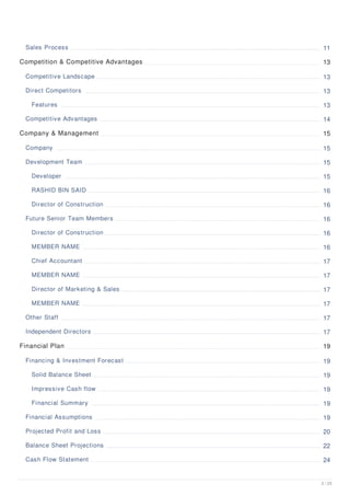 Sales Process 11
Competition & Competitive Advantages 13
Competitive Landscape 13
Direct Competitors 13
Features 13
Competitive Advantages 14
Company & Management 15
Company 15
Development Team 15
Developer 15
RASHID BIN SAID 16
Director of Construction 16
Future Senior Team Members 16
Director of Construction 16
MEMBER NAME 16
Chief Accountant 17
MEMBER NAME 17
Director of Marketing & Sales 17
MEMBER NAME 17
Other Staff 17
Independent Directors 17
Financial Plan 19
Financing & Investment Forecast 19
Solid Balance Sheet 19
Impressive Cash flow 19
Financial Summary 19
Financial Assumptions 19
Projected Profit and Loss 20
Balance Sheet Projections 22
Cash Flow Statement 24
2 / 25
 