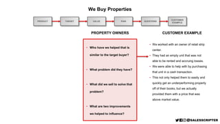 PRODUCT
We Buy Properties
TARGET
PROPERTY OWNERS CUSTOMER EXAMPLE
• We worked with an owner of retail strip
center.
• They had an empty unit that was not
able to be rented and accruing losses.
• We were able to help with by purchasing
that unit in a cash transaction.
• This not only helped them to easily and
quickly get an underperforming property
off of their books, but we actually
provided them with a price that was
above market value.
• Who have we helped that is
similar to the target buyer?
• What problem did they have?
• What did we sell to solve that
problem?
• What are two improvements
we helped to influence?
VALUE PAIN QUESTIONS
CUSTOMER
EXAMPLE
 