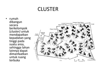 CLUSTER
• rumah
dibangun
secara
berkelompok
(cluster) untuk
mendapatkan
kepadatan yang
tinggi pada
suatu area,
sehingga lahan
lainnya dapat
dimanfaatkan
untuk ruang
terbuka
 