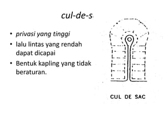 cul-de-sac
• privasi yang tinggi
• lalu lintas yang rendah
dapat dicapai
• Bentuk kapling yang tidak
beraturan.
 