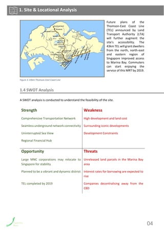 Future plans of the
Thomson-East Coast Line
(TEL) announced by Land
Transport Authority (LTA)
will further augment the
site’s accessibility. The
43km TEL will grant dwellers
from the north, north-east
and eastern region of
Singapore improved access
to Marina Bay. Commuters
can start enjoying the
service of this MRT by 2019.
1.4 SWOT Analysis
A SWOT analysis is conducted to understand the feasibility of the site.
Strength
Comprehensive Transportation Network
Seamless underground network connectivity
Uninterrupted Sea View
Regional Financial Hub
Weakness
High development and land cost
Surrounding iconic developments
Development Constraints
Opportunity
Large MNC corporations may relocate to
Singapore for stability
Planned to be a vibrant and dynamic district
TEL completed by 2019
Threats
Unreleased land parcels in the Marina Bay
area
Interest rates for borrowing are expected to
rise
Companies decentralising away from the
CBD
1. Site & Locational Analysis
Figure 3: 43km Thomson-East Coast Line
04
 