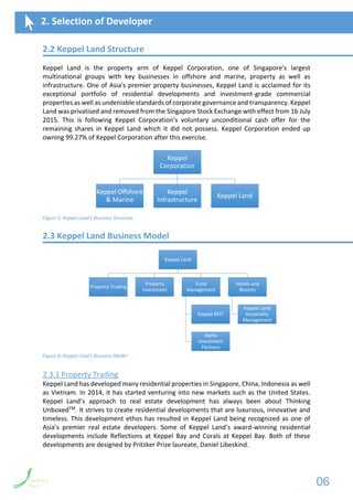 2.2 Keppel Land Structure
Keppel Land is the property arm of Keppel Corporation, one of Singapore's largest
multinational groups with key businesses in offshore and marine, property as well as
infrastructure. One of Asia's premier property businesses, Keppel Land is acclaimed for its
exceptional portfolio of residential developments and investment-grade commercial
properties as well as undeniable standards of corporate governance and transparency. Keppel
Land was privatised and removed from the Singapore Stock Exchange with effect from 16 July
2015. This is following Keppel Corporation's voluntary unconditional cash offer for the
remaining shares in Keppel Land which it did not possess. Keppel Corporation ended up
owning 99.27% of Keppel Corporation after this exercise.
Figure 5: Keppel Land's Business Structure
2.3 Keppel Land Business Model
Figure 6: Keppel Land's Business Model
2.3.1 Property Trading
Keppel Land has developed many residential properties in Singapore, China, Indonesia as well
as Vietnam. In 2014, it has started venturing into new markets such as the United States.
Keppel Land’s approach to real estate development has always been about Thinking
UnboxedTM. It strives to create residential developments that are luxurious, innovative and
timeless. This development ethos has resulted in Keppel Land being recognized as one of
Asia’s premier real estate developers. Some of Keppel Land’s award-winning residential
developments include Reflections at Keppel Bay and Corals at Keppel Bay. Both of these
developments are designed by Pritzker Prize laureate, Daniel Libeskind.
Keppel
Corporation
Keppel Offshore
& Marine
Keppel
Infrastructure
Keppel Land
Keppel Land
Property Trading
Property
Investment
Fund
Management
Keppel REIT
Alpha
Investment
Partners
Hotels and
Resorts
Keppel Land
Hospitality
Management
2. Selection of Developer
06
 