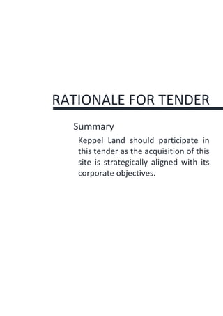 RATIONALE FOR TENDER
Summary
Keppel Land should participate in
this tender as the acquisition of this
site is strategically aligned with its
corporate objectives.
 