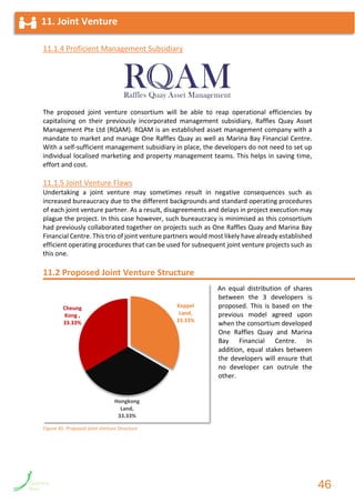 11.1.4 Proficient Management Subsidiary
The proposed joint venture consortium will be able to reap operational efficiencies by
capitalising on their previously incorporated management subsidiary, Raffles Quay Asset
Management Pte Ltd (RQAM). RQAM is an established asset management company with a
mandate to market and manage One Raffles Quay as well as Marina Bay Financial Centre.
With a self-sufficient management subsidiary in place, the developers do not need to set up
individual localised marketing and property management teams. This helps in saving time,
effort and cost.
11.1.5 Joint Venture Flaws
Undertaking a joint venture may sometimes result in negative consequences such as
increased bureaucracy due to the different backgrounds and standard operating procedures
of each joint venture partner. As a result, disagreements and delays in project execution may
plague the project. In this case however, such bureaucracy is minimised as this consortium
had previously collaborated together on projects such as One Raffles Quay and Marina Bay
Financial Centre. This trio of joint venture partners would most likely have already established
efficient operating procedures that can be used for subsequent joint venture projects such as
this one.
11.2 Proposed Joint Venture Structure
An equal distribution of shares
between the 3 developers is
proposed. This is based on the
previous model agreed upon
when the consortium developed
One Raffles Quay and Marina
Bay Financial Centre. In
addition, equal stakes between
the developers will ensure that
no developer can outrule the
other.
Keppel
Land,
33.33%
Hongkong
Land,
33.33%
Cheung
Kong ,
33.33%
Figure 44: Proposed Joint Venture Structure
11. Joint Venture
46
Figure 45: Proposed Joint Venture Structure
 