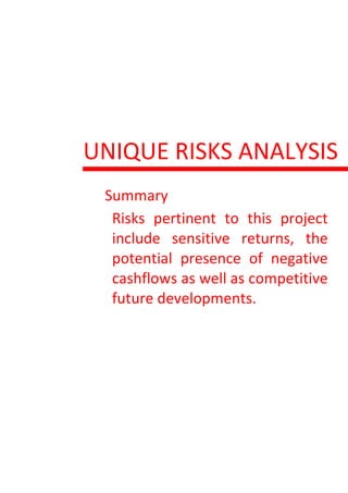 UNIQUE RISKS ANALYSIS
Summary
Risks pertinent to this project
include sensitive returns, the
potential presence of negative
cashflows as well as competitive
future developments.
 