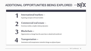 ADDITIONAL OPPORTUNITIES BEING EXPLORED
NFX Confidential 18
Internationalmarkets –
Exportingconceptstofitlocal markets
Com...