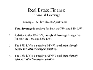 Real Estate Finance
Financial Leverage
Example: Willow Brook Apartments
1. Total leverage is positive for both the 75% and 85% L/V
2. Relative to the 80% L/V, marginal leverage is negative
for both the 75% and 85% L/V.
3. The 85% L/V is a negative BTNPV deal even though
before tax total leverage is positive.
4. The 75% L/V is a negative ATNPV deal even though
after tax total leverage is positive.
 