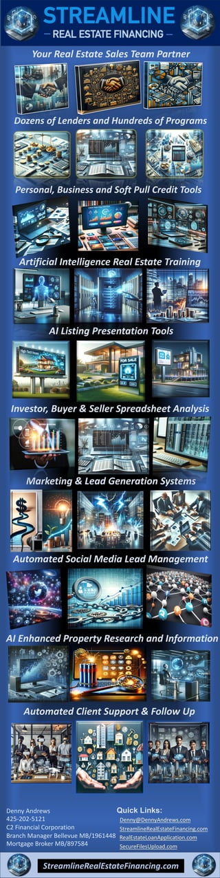 Investor, Buyer & Seller Spreadsheet Analysis
Your Real Estate Sales Team Partner
Dozens of Lenders and Hundreds of Programs
Artificial Intelligence Real Estate Training
Marketing & Lead Generation Systems
StreamlineRealEstateFinancing.com
Personal, Business and Soft Pull Credit Tools
AI Listing Presentation Tools
Automated Social Media Lead Management
AI Enhanced Property Research and Information
RealEstateLoanApplication.com
SecureFilesUpload.com
Quick Links:
StreamlineRealEstateFinancing.com
Denny@DennyAndrews.com
Denny Andrews
425-202-5121
C2 Financial Corporation
Branch Manager Bellevue MB/1961448
Mortgage Broker MB/897584
Automated Client Support & Follow Up
 