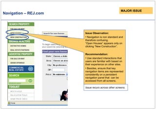 Navigation – REJ.com Issue Observation: Navigation is non standard and therefore confusing. “Open Houses” appears only on clicking “New Construction”. Recommendation: Use standard interactions that users are familiar with based on their experience on other sites. Besides, ensure that key navigation items are represented consistently on a persistent navigation panel that  can be accessed from all screens. MAJOR ISSUE Issue recurs across other screens. 