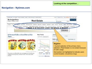 Navigation - Nytimes.com Looking at the competition… Negative: Current selection of the primary menu selection (‘Real Estate’) is not evident because of color usage. Sub section not highlighted to indicate users current location. (Could be a bug) 