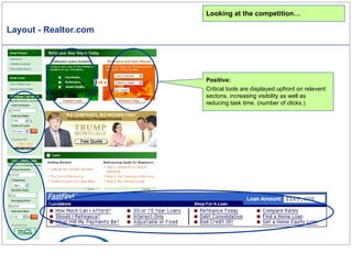 Layout - Realtor.com Looking at the competition… Positive: Critical tools are displayed upfront on relevent sectons, increasing visibility as well as reducing task time. (number of clicks.) 