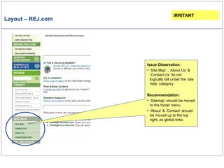 Layout – REJ.com Issue Observation: ‘ Site Map’ , ‘About Us’ & ‘Contact Us’ do not logically fall under the ‘site help’ category. Recommendation: ‘ Sitemap’ should be moved to the footer menu. ‘ About’ & ‘Contact’ should be moved up to the top right, as global links. IRRITANT 
