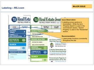 Labeling – REJ.com MAJOR ISSUE Issue Observation: Labeling across sections is inconsistent - While the term ‘Property Search’ is used in the ‘Commercial’ section, ‘Search Property’ is used in the ‘Residential’ section. Recommendation: Label similar functions consistently throughout the site.  