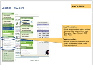 Labeling – REJ.com MAJOR ISSUE Issue Observation: Some label meanings are not evident because of the generic terms used. Examples -  ‘Open House’,” RSS, Best Place”  Recommendation: Provide labels that are specidic and reflect target users mental model. (user expectation) 