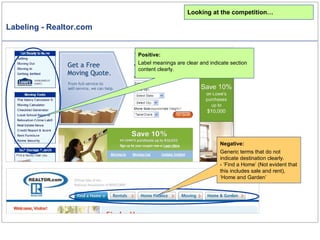 Labeling - Realtor.com Looking at the competition… Positive: Label meanings are clear and indicate section content clearly. Negative: Generic terms that do not indicate destination clearly. - ‘Find a Home’ (Not evident that this includes sale and rent), ‘Home and Garden’ 