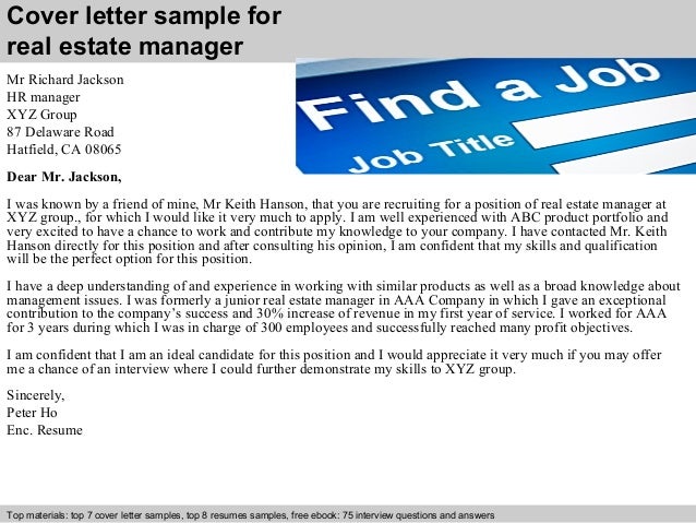 cover letter sample for real estate manager