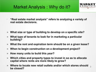 2
●
“Real estate market analysis” refers to analyzing a variety of
real estate decisions.
» What size or type of building to develop on a specific site?
» What type of tenants to look for in marketing a particular
building?
» What the rent and expiration term should be on a given lease?
» When to begin construction on a development project?
» How many units to build this year?
» Which cities and property types to invest in so as to allocate
capital where rents are more likely to grow?
» Where to locate new retail outlets and/or which stores should
be closed?
Market Analysis : Why do it?
 