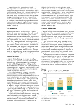 Office Space 139
Small suburban office buildings can be found
along major arterials and adjacent to retail centers and
multifamily residential complexes. These properties appeal
to a diverse group of users. Some tenants are branch offices
of corporations, whereas others (insurance agents, real
estate agents, banks, medical practitioners, small law offices,
mortgage companies) provide services to households in
nearby communities. Startup businesses may also prefer
the convenience and lower costs associated with suburban
locations. Storefront space in neighborhood or community
shopping centers can compete with small office buildings
for these tenant types.
Size and Layout
Office buildings generally fall into three size categories:
high-rise (16 stories or more), mid-rise (four to 15 stories),
and low-rise (one to three stories). Floor plate size is an
important consideration, with some tenants requiring large
floor plates so they can occupy fewer levels. Of late, tenants
seem to prefer smaller floor plates so that workers have more
natural light. Floor space flexibility is important as more
tenants opt for open-floor layouts and more efficient use of
space. Interior columns or odd angles that make it difficult
to lay out space will make a building less desirable. Office
floor plates in new class A buildings generally range from
18,000 to 30,000 square feet. Some older office buildings
that are no longer competitive can be converted to residential
use or hotels if their floor plates are not too large.
Use and Ownership
A majority of office buildings are occupied by multiple
tenants who lease their space. However, a relatively small
number of office condominiums also exist, primarily in
low-rise, multibuilding properties in outlying suburbs.
Office condominium tenants tend to be professional practices
(physicians, attorneys, accountants) and other locally owned
or franchise businesses. Office condominiums capture a
relatively small share of total space.
Some office buildings are configured to appeal to
distinct market niches: medical and laboratory space,
university-affiliated institutes, nonprofits, financial services,
or back-office functions (for example, data processing or
customer service). Multitenant office buildings are owned
by real estate investment trusts, pension funds, limited
partnerships, family businesses, and individuals. An office
building constructed for a specific tenant is called built to
suit, whereas a building constructed for unknown tenants is
a speculative or spec building. Lenders typically require that
a significant portion of a building’s total space be pre-leased
(with signed commitments from one or more creditworthy
tenants) before construction begins.
Corporations often occupy an entire office building; they
may own it or lease it from an investor-owner. However,
owner-occupied single-user buildings are generally excluded
from a market’s office space inventory until vacated and
marketed for multitenant occupancy. Documenting the
extent of owner occupancy is difficult because of the
widespread use of sale-leasebacks, whereby a corporation
sells one or more real estate assets (usually to an institutional
investor, such as a pension fund, or a private investor group)
and then leases them back from the new owner. The
corporation frees up capital by removing expensive assets
from its balance sheet, even though it must still pay real
estate taxes, insurance, and maintenance costs. A major
reason to lease is the tax benefit of being able to take the
rent paid as a business expense. The new owner gets a
quality property leased to a credit tenant, usually for a
period of at least 10 years.
Features and Amenities
A building’s architecture and the style and quality of finishes
in public areas will be important in the selection of a location
by image-sensitive tenants. Corporations want to strike a
balance between high quality and cost consciousness, but
the balance depends on the kind of image they are trying
to convey.
Some prospective tenants will be looking for on-site
health clubs, restaurants, and retail outlets as features that
can be used in attracting and retaining employees; these
prospects will look only at spaces that have such facilities
in the building or nearby. Yet others value proximity to
daycare centers, which makes it possible for employees to
visit their young children during lunch or breaks, thereby
helping to reduce commuting time and stress.
During recent real estate market downturns, companies
were interested in reducing costs. As the worker head count
declined, tenants tried to sublet excess space—often
without success. That situation led to a temporary increase
in the amount of office space per worker. With an improving
economy, the labor market tightened. Employers began to
respond to the growing millennial workforce by creating
Figure 6-1
U.S. Office Space Inventory by Location, 2007–2018
Sources: Colliers International, U.S. Real Estate Review, 2008; U.S. Research Report: Office
Market Outlook, Q2 2018, www.colliers.com.
Note: Percentages are share of total inventory.
a. As of June 30, 2018.
8,000
2000
64.6%
3,874
35.4%
2007
67.2%
4,762
32.8%
2018a
67.7%
6,192
32.3%
6,000
4,000
2,000
0
■ Downtown  ■ Suburban
Square
feet
(millions)
 