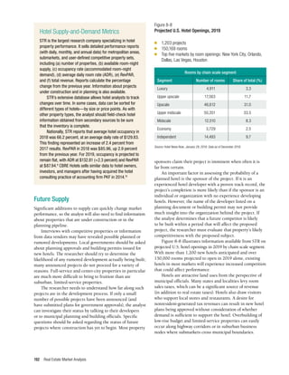 Real Estate Market Analysis
192
Future Supply
Significant additions to supply can quickly change market
performance, so the analyst will also need to find information
about properties that are under construction or in the
planning pipeline.
Interviews with competitive properties or information
from data vendors may have revealed possible planned or
rumored developments. Local governments should be asked
about planning approvals and building permits issued for
new hotels. The researcher should try to determine the
likelihood of any rumored development actually being built;
many announced projects do not proceed for a variety of
reasons. Full-service and center-city properties in particular
are much more difficult to bring to fruition than are
suburban, limited-service properties.
The researcher needs to understand how far along such
projects are in the development process. If only a small
number of possible projects have been announced (and
have submitted plans for government approvals), the analyst
can investigate their status by talking to their developers
or to municipal planning and building officials. Specific
questions should be asked regarding the status of future
projects where construction has yet to begin. Most property
sponsors claim their project is imminent when often it is
far from certain.
An important factor in assessing the probability of a
planned hotel is the sponsor of the project. If it is an
experienced hotel developer with a proven track record, the
project’s completion is more likely than if the sponsor is an
individual or organization with no experience developing
hotels. However, the name of the developer listed on a
planning document or building permit may not provide
much insight into the organization behind the project. If
the analyst determines that a future competitor is likely
to be built within a period that will affect the proposed
project, the researcher must evaluate that property’s likely
competitiveness with the proposed subject.
Figure 8-8 illustrates information available from STR on
projected U.S. hotel openings in 2019 by chain scale segment.
With more than 1,200 new hotels anticipated and over
150,000 rooms projected to open in 2019 alone, existing
hotels in most markets will experience increased competition
that could affect performance.
Hotels are attractive land uses from the perspective of
municipal officials. Many states and localities levy room
sales taxes, which can be a significant source of revenue
(in addition to real estate taxes). Hotels also draw visitors
who support local stores and restaurants. A desire for
nonresident-generated tax revenues can result in new hotel
plans being approved without consideration of whether
demand is sufficient to support the hotel. Overbuilding of
low-rise budget and limited-service properties can easily
occur along highway corridors or in suburban business
nodes where submarkets cross municipal boundaries.
Figure 8-8
Projected U.S. Hotel Openings, 2019
n	 1,203 projects
n	 150,169 rooms
n	 Top five markets by room openings: New York City, Orlando,
Dallas, Las Vegas, Houston
Rooms by chain scale segment
Segment	 Number of rooms	 Share of total (%)
Luxury	 4,911	3.3
Upper upscale	 17,563	 11.7
Upscale	 46,612	31.0
Upper midscale	 50,351	 33.5
Midscale	 12,510	8.3
Economy	 3,729	2.5
Independent	14,493	 9.7
Source: Hotel News Now, January 29, 2019. Data as of December 2018.
Hotel Supply-and-Demand Metrics
STR is the largest research company specializing in hotel
property performance. It sells detailed performance reports
(with daily, monthly, and annual data) for metropolitan areas,
submarkets, and user-defined competitive property sets,
including (a) number of properties, (b) available room-night
supply, (c) occupancy rate (accommodated room-night
demand), (d) average daily room rate (ADR), (e) RevPAR,
and (f) total revenue. Reports calculate the percentage
change from the previous year. Information about projects
under construction and in planning is also available.
STR’s extensive database allows hotel analysts to track
changes over time. In some cases, data can be sorted for
different types of hotels—by size or price points. As with
other property types, the analyst should field-check hotel
information obtained from secondary sources to be sure
that the inventory is complete.
Nationally, STR reports that average hotel occupancy in
2018 was 66.2 percent, at an average daily rate of $129.83.
This finding represented an increase of 2.4 percent from
2017 results. RevPAR in 2018 was $85.96, up 2.9 percent
from the previous year. For 2019, occupancy is projected to
remain flat, with ADR at $132.81 (+2.3 percent) and RevPAR
at $87.94.9
CBRE Hotels sells similar data to hotel owners,
investors, and managers after having acquired the hotel
consulting practice of accounting firm PKF in 2014.10
 