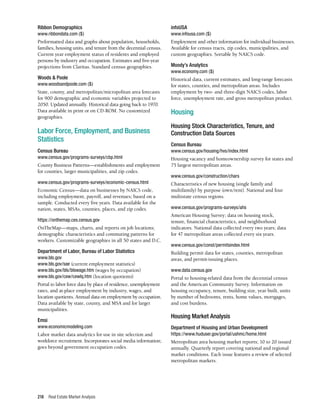 Real Estate Market Analysis
218
Ribbon Demographics
www.ribbondata.com ($)
Preformatted data and graphs about population, households,
families, housing units, and tenure from the decennial census.
Current year employment status of residents and employed
persons by industry and occupation. Estimates and five-year
projections from Claritas. Standard census geographies.
Woods & Poole
www.woodsandpoole.com ($)
State, county, and metropolitan/micropolitan area forecasts
for 900 demographic and economic variables projected to
2050. Updated annually. Historical data going back to 1970.
Data available in print or on CD-ROM. No customized
geographies.
Labor Force, Employment, and Business
Statistics
Census Bureau
www.census.gov/programs-surveys/cbp.html
County Business Patterns—establishments and employment
for counties, larger municipalities, and zip codes.
www.census.gov/programs-surveys/economic-census.html
Economic Census—data on businesses by NAICS code,
including employment, payroll, and revenues; based on a
sample. Conducted every five years. Data available for the
nation, states, MSAs, counties, places, and zip codes.
https://onthemap.ces.census.gov
OnTheMap—maps, charts, and reports on job locations;
demographic characteristics and commuting patterns for
workers. Customizable geographies in all 50 states and D.C.
Department of Labor, Bureau of Labor Statistics
www.bls.gov
www.bls.gov/sae (current employment statistics)
www.bls.gov/bls/blswage.htm (wages by occupation)
www.bls.gov/cew/cewlq.htm (location quotients)
Portal to labor force data by place of residence, unemployment
rates, and at-place employment by industry, wages, and
location quotients. Annual data on employment by occupation.
Data available by state, county, and MSA and for larger
municipalities.
Emsi
www.economicmodeling.com
Labor market data analytics for use in site selection and
workforce recruitment. Incorporates social media information;
goes beyond government occupation codes.
infoUSA	
www.infousa.com ($)
Employment and other information for individual businesses.
Available for census tracts, zip codes, municipalities, and
custom geographies. Sortable by NAICS code.
Moody’s Analytics
www.economy.com ($)
Historical data, current estimates, and long-range forecasts
for states, counties, and metropolitan areas. Includes
employment by two- and three-digit NAICS codes, labor
force, unemployment rate, and gross metropolitan product.
Housing
Housing Stock Characteristics, Tenure, and
Construction Data Sources
Census Bureau
www.census.gov/housing/hvs/index.html
Housing vacancy and homeownership survey for states and
75 largest metropolitan areas.
www.census.gov/construction/chars
Characteristics of new housing (single family and
multifamily) by purpose (own/rent). National and four
multistate census regions.
www.census.gov/programs-surveys/ahs
American Housing Survey; data on housing stock,
tenure, financial characteristics, and neighborhood
indicators. National data collected every two years; data
for 47 metropolitan areas collected every six years.
www.census.gov/const/permitsindex.html
Building permit data for states, counties, metropolitan
areas, and permit-issuing places.
www.data.census.gov
Portal to housing-related data from the decennial census
and the American Community Survey. Information on
housing occupancy, tenure, building size, year built, units
by number of bedrooms, rents, home values, mortgages,
and cost burdens.
Housing Market Analysis
Department of Housing and Urban Development
https://www.huduser.gov/portal/ushmc/home.html
Metropolitan area housing market reports; 10 to 20 issued
annually. Quarterly report covering national and regional
market conditions. Each issue features a review of selected
metropolitan markets.
 
