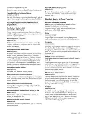 Webliography 219
www.huduser.org/datasets/usps.html
Quarterly vacancy survey conducted by postal letter carriers.
Harvard Joint Center for Housing Studies
www.jchs.harvard.edu
The State of the Nation’s Housing, produced annually. Special
reports on demographics, housing finance, and affordability.
Housing Trade Associations and Professional
Organizations
Manufactured Housing Institute
www.manufacturedhousing.org
Annual statistics on production and shipments of factory-
built housing by state and product type; comparisons with
site-built single-family homes.
National Apartment Association
www.naahq.org
Publishes an apartment income and expense survey ($);
compiles and analyzes government data on construction
activity and vacancy.
National Association of Home Builders
www.nahb.org ($)
Magazines, newsletters, and special reports about housing
design, finance, homebuyer characteristics, consumer
preferences, and construction activity. Conducts monthly
surveys of homebuilder sentiment and quarterly surveys
of adults regarding their interest in buying a home, their
perceptions of available product, and affordability. Also
prepares forecasts of single-family and multifamily starts.
National Association of Realtors
www.realtor.com
Searchable base of for-sale housing listings.
www.realtor.org/research/research/metroprice
Median home and condominium sales prices for metropolitan
areas, updated quarterly. Trend data older than three years
require payment.
www.realtor.org/research/research/housinginx
Housing Affordability Index, monthly and quarterly, for
metropolitan areas.
National Investment Center for Seniors Housing & Care
www.nic.org ($)	
Reports about supply and performance of housing for
seniors, by metropolitan area.
National Low Income Housing Coalition
www.nlihc.org
Information about housing affordability gaps for states and
metropolitan areas.
National Multifamily Housing Council
www.nmhc.org
Research about national apartment market conditions
and tenant characteristics. Many reports restricted to
members only.
Other Data Sources for Rental Properties
Apartment websites and magazines
www.rent.com, www.apartments.com, www.forrent.com,
www.apartmentguide.com, www.move.com
Consumer-oriented online apartment listings. Some
publications still available in print.
CoStar
www.costar.com ($)
Historical and current data and forecasts for apartment
market performance; information on individual properties.
Novogradac
www.novoco.com
Searchable database about low-income tax credit properties,
New Markets Tax Credits, and new (2018) Opportunity
Zone program. Information on fair market rents and income
limits for affordable housing programs. Publishes Journal of
Tax Credits ($).
RealPage (formerly M/PF Research)
https://www.realpage.com/analytics/topics/multifamily-research-
trends ($)
Quarterly apartment market reports for 100 metropolitan
areas and many more submarkets. Data cover supply down
to the zip code level. Affiliated company (Axiometrics)
provides detailed information about individual multifamily
properties and student housing.
Reis (now part of Moody’s Analytics)
www.reis.com ($)
Coverage of metropolitan markets and defined submarkets.
Reports typically include demographic and employment
background data. Searchable information on individual
properties. Covers apartments, affordable housing, seniors
housing, and student housing.
RENTCafé
www.rentcafe.com
Searchable rental listings (by zip code, number of
bedrooms, rent, pet-friendly) for cities throughout the
United States. Includes houses for rent. Also research,
articles, and blog posts on topics of interest to renters.
Affiliated with Yardi, which provides management
software for multifamily properties.
 