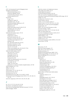 Index 229
I
ICSC. See International Council of Shopping Centers
Immigrants and foreign-born
homeownership among, 39, 78
projections regarding, 102n10
as rental housing consumers, 39, 76
settlement patterns for, 81
Income data
by age, 40, 40
calculation of, 56nn9–10
disposable income, 126, 126
household and family, differences in, 39
importance of, 39, 85, 87
limitations of, 60
median and average income, 86, 86–87, 129
by property type, use of, 39–40
regional differences in, 86, 87
sources of, 40–41
Industrial and warehouse space, 157–63
classification of, 51
design features, 160–62
government incentives for, 164
inventory of, 159–60, 159–60, 170, 170
ownership and management of, 159
parking at, 168
port- and airport-related, 162, 162–63
proximity to amenities, 19, 168
specialized markets for, 162–63
types of, 3, 50, 157–59
vacancy and availability rates, 166, 166–67, 171n4
See also Industrial market analysis
Industrial market analysis, 163–70
data sources for, 53, 169–70
of demand, 20, 163–64
demographic data for, 36
field observations in, 165
leasing activity, 166
market area identification for, 16, 18, 164–65
net absorption in, 164, 166
rent trends, 167, 167
supply, 50, 165–69, 166
transactions as a measure of market strength/weakness, 167–68
Infill development, 61, 71, 83
Inflow, 17, 127, 132
InfoUSA, 32–33, 54
In-line tenants, 113, 117, 118, 121, 131
Intercept interviews, 48, 49
Intercept surveys, 48, 130
Internal Revenue Service (IRS), 41, 82, 102n13, 135n20
International Council of Shopping Centers (ICSC), 9, 52, 105, 108, 112,
116, 132
Interviews, importance of 48–49, 54, 130, 170, 191, 206
J
JLL, 10, 52, 112, 133, 149, 149, 152, 166
Job statistics. See Employment statistics
Joint Center for Housing Studies (Harvard University), 76, 78, 81
Jumbo mortgages, 102n29
L
Labor force statistics. See Employment statistics
Labor market areas (LMAs), 16, 44
Lambda Alpha International, 9
Last-mile distribution facilities, 162, 164
LAUS. See Local Area Unemployment Statistics
Leadership in Energy and Environmental Design (LEED) ratings, 140–41
Leakage, 127, 128
Leasing activity, 149, 150, 151, 166
Leisure travelers, 185–89
Lenders, as users of market analysis, 9
Lifestyle centers, 115, 116, 118, 121–22, 124, 198
Lifestyle data, 41–42, 88. See also Psychographics
Lifestyle hotels, 179
LIHTCs. See Low-income housing tax credits
Like-kind exchanges, 135n20
Limited-service hotels, 176–77, 179, 186, 192, 203
LMAs. See Labor market areas
Local Area Unemployment Statistics (LAUS), 29, 30
Location quotients (LQs), 34, 56n5
LODES database, 31–32
Lodging. See Hotels and lodging
LoopNet.com, 52, 153
Low-income housing tax credits (LIHTCs), 54, 62–64
Luxury hotels, 179, 180
M
Mail surveys, 47, 129
Main Street America program, 133
Malls, 109, 113–18, 114–16, 121–25
Manufactured homes, 70
Manufactured Housing Institute (MHI), 70, 99
Manufacturing buildings, 157, 159, 161–63, 167
Marcus & Millichap, 10, 52, 133, 153–54
Marinas, 205–6
Marketability
barriers to, 19
and competitive clusters, 18
features for enhancement of, 6, 198
and household income, 41
of industrial space, 168
of mixed-use developments, 202, 207–8
presentation of findings regarding, 55
recommendations for, 97
of senior housing, 41, 87
Market analysis. See Real estate market analysis
Market areas
competitive clusters in, 18
defined, 5
demographic data for, 36, 37, 39–40
determination of, 16–18, 61
factors affecting size and shape of, 16–17
for hotel market analysis, 17–18, 184–85
for housing market analysis, 83–85
for industrial market analysis, 16, 18, 164–65
for mixed-use developments, 5, 17
for office market analysis, 143–44
primary, 17–18, 24, 84, 123–24
psychographic profiles for, 41–42, 88
 