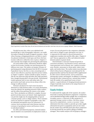 Real Estate Market Analysis
20
Detailed income data, when cross-tabulated with
household age or other demographic indicators, can enable
the analyst to identify the depth of targeted consumers—those
whose housing or shopping preferences are likely to match
the planned residential or retail space and those who have
incomes sufficient to afford the rents or prices. Chapters 4
and 5 provide more insights into presenting this information.
For retail market studies, information should be added
on how local incomes translate into purchasing power for
different store types. The analyst can prepare estimates of
purchasing power using information from the BLS’s Consumer
Expenditure Survey, but this is a time-consuming task; it
may be more efficient to purchase data from private vendors,
as chapter 5 explains. Analysts should recognize, however,
that the way Americans shop and where they make purchases
have changed dramatically in the past decade. Omnichannel
retailers generate both in-store and online sales, but
government retail trade surveys do not always reflect this
change in sufficient detail.
Demand calculations for retail centers located in
downtowns or other business nodes, or in tourist destinations,
must also identify the spending potential of office workers
and the inflow from purchases by visitors to the market
area. These calculations are difficult to complete, because
purely local data sources are limited. Trade organizations
can provide insight into the shopping habits of special
consumer groups, such as college students. These estimates
tend to be national or regional in geographic scope; data
for individual metropolitan areas are nonexistent. In
contrast, local convention and visitor bureaus may have
estimates of spending by tourists and business visitors
in individual markets.5
For office and industrial properties, demand analysis
may be limited to an examination of employment trends, a
review of recent job growth in the competitive submarket,
and a look at changes in space absorption over time. It
is important for the analyst to discuss how growth in
employment translates into need for office space. Chapters 6
and 7 discuss approaches to office and industrial market
demand analysis in greater detail.
Hotel demand is a function of projected growth in
convention attendance, local business activity, and leisure
visitor generators such as historic sites, outdoor recreation
areas, beaches, amusement or theme parks, indoor water
parks, and similar draws. The market analyst must determine
which of these factors will generate room demand for the
proposed product and how that demand will be supplemented
by other sources of hotel revenue, such as restaurants,
meeting-space rentals, and banquets. In addition to examining
housing and other commercial uses, national data vendors
track the number of occupied hotel rooms in local
markets—a good indicator of changing demand parameters.
Chapter 8 provides more detail on the unique features of
hotel market analysis.
Supply Analysis
To understand the supply side of the equation, the analyst
must look at existing and planned competition. Competitors
can be identified through readily available (free or inexpensive)
secondary sources—a directory of office properties or
apartment listings in print or online—but these sources
may not be comprehensive, current, or accurate. Using
information from data vendors to provide up-to-date supply
information has grown in popularity (and can save time),
but the analyst must still field-check data about competitors
by driving around the area and by talking to building
managers. Most market analysts will tell property managers
Class A apartments in southern New Jersey. All units have two bedrooms and two baths; some have a den and a one-car garage. (Deborah L. Brett & Associates)
 