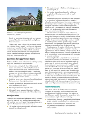 Basic Approach to Real Estate Market Studies 23
heavily on advertising outside the trade area to attract
tenants. Thus, this project is probably too big for the
local market area.
As a practical matter, capture-rate calculations assume
that a portion of space (usually 5 to 10 percent depending
on property type and local market conditions) will remain
vacant and that some share of demand will come from
outside the trade area (new firms relocating from other
regions, corporate transferees buying or renting housing,
retail sales to tourists, and so on).
Determining the Supply/Demand Balance
Analysts should be on the lookout for the following warning
signs of an imbalanced or overbuilt market:
■	 Construction activity levels that will dramatically
exceed new demand, as indicated by household or
employment projections. Note, however, that some
excess is tolerable (and even desirable). If supply and
demand were perfectly balanced, vacancy rates would
be very low, and rents would escalate, eventually
forcing out price-sensitive tenants.
■	 Escalating vacancy rates that cannot be readily explained
by the movement of a single large tenant.
■	 Negative net absorption, with more space being vacated
than new leases being signed.
■	 Declining real (inflation-adjusted) rents.
■	 Chronically vacant space and abandoned buildings,
which indicate obsolescence, lack of demand, or both.
Absorption Rates
Developers and investors will look for the analyst’s estimated
absorption rate—the pace at which the proposed project
will be able to lease or sell space. Depending on the property
type, the absorption rate could be expressed as
■	 The number of apartments that will be leased or homes
that will be sold each month,
■	 The length of time it will take to sell building sites in an
industrial park, or
■	 The number of months until an office building or
neighborhood shopping center is fully (or nearly
fully) leased.
Quarterly net absorption information for new apartments
or for commercial and industrial properties in a given
submarket can often be obtained from brokers or purchased
from data providers,6
but the average monthly or quarterly
absorption experience of individual buildings is more
difficult to find. It is important not to equate gross leasing
activity with net absorption, which takes into account
move-outs as well as new leases.
Absorption rates are important inputs in financial
feasibility models; they determine how long investors will
have to carry the property before it starts generating positive
cash flow. Most analysts express absorption rates as a range—
say 12 to 16 apartment units leased per month, or 20,000
to 30,000 square feet of retail space leased per quarter.
Analysts must also factor pre-leasing (renting space before
construction is completed) into the absorption rate.
To a large extent, the analyst will rely on the absorption
experience of recently completed competitive projects,
especially those that are still being actively marketed. He or
she will consider the competitive strengths and weaknesses
of the project relative to the competitors, as well as changes
in economic conditions.
Calculating how fast a project will lease up or sell out
is much more difficult in a location where no similar new
construction has occurred in years. If demand trends are
positive and the project is appropriately priced and well
located, a large new apartment complex (say 200 or more
units) should absorb at least 20 units per month initially,
but the pace will slow as the most desirable unit types or
floors are fully leased. The same is true of shopping center
space. A community center in a growing trade area might
have 60 percent of its gross leasable area (GLA) committed
to two or three anchor tenants before construction starts, plus
another 20 percent of the total GLA leased by the time it
opens. Less desirable storefronts (with odd configurations or
reduced visibility) will take much longer to lease; the center
might not be 95 percent committed until a year after opening.
Recommendations
Some clients will ask the market analyst to recommend
changes to the building or site development plans that
would improve its competitive position. This function is
one of the most valuable that an analyst can perform. Such
recommendations might include the following:
■	 Shifting the mix of units in a proposed apartment building
project to include more (or fewer) two-bedroom units.
■	 Offering tenants an amenity or service that was
not originally envisioned (such as a concierge or
rooftop lounge).
A clubhouse in a new single-family-housing development.
(Deborah L. Brett & Associates)
 