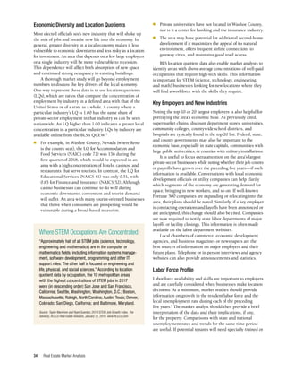 Real Estate Market Analysis
34
Economic Diversity and Location Quotients
Most elected officials seek new industry that will shake up
the mix of jobs and breathe new life into the economy. In
general, greater diversity in a local economy makes it less
vulnerable to economic downturns and less risky as a location
for investment. An area that depends on a few large employers
or a single industry will be more vulnerable to recession.
This dependence will affect both absorption of new space
and continued strong occupancy in existing buildings.
A thorough market study will go beyond employment
numbers to discuss the key drivers of the local economy.
One way to present these data is to use location quotients
(LQs), which are ratios that compare the concentration of
employment by industry in a defined area with that of the
United States or of a state as a whole. A county where a
particular industry’s LQ is 1.00 has the same share of
private-sector employment in that industry as can be seen
nationwide. An LQ higher than 1.00 indicates a greater local
concentration in a particular industry. LQs by industry are
available online from the BLS’s QCEW.5
■	 For example, in Washoe County, Nevada (where Reno
is the county seat), the LQ for Accommodation and
Food Services (NAICS code 72) was 156 during the
first quarter of 2018, which would be expected in an
area with a high concentration of hotels, casinos, and
restaurants that serve tourists. In contrast, the LQ for
Educational Services (NAICS 61) was only 0.51, with
0.65 for Finance and Insurance (NAICS 52). Although
casino businesses can continue to do well during
economic downturns, convention and tourist demand
will suffer. An area with many tourist-oriented businesses
that thrive when consumers are prospering would be
vulnerable during a broad-based recession.
■	 Private universities have not located in Washoe County,
nor is it a center for banking and the insurance industry.
■	 The area may have potential for additional second-home
development if it maximizes the appeal of its natural
environment, offers frequent airline connections to
gateway cities, and maintains good road access.
BLS location quotient data also enable market analysts to
identify areas with above-average concentrations of well-paid
occupations that require high-tech skills. This information
is important for STEM (science, technology, engineering,
and math) businesses looking for new locations where they
will find a workforce with the skills they require.
Key Employers and New Industries
Noting the top 10 or 20 largest employers is also helpful for
portraying the area’s economic base. As previously cited,
supermarket chains, discount department stores, universities,
community colleges, countywide school districts, and
hospitals are typically found in the top 20 list. Federal, state,
and county governments may also be important to the
economic base, especially in state capitals, communities with
large public universities, or counties with military installations.
It is useful to focus extra attention on the area’s largest
private-sector businesses while noting whether their job counts
or payrolls have grown over the preceding five years—if such
information is available. Conversations with local economic
development officials or utility companies can help clarify
which segments of the economy are generating demand for
space, bringing in new workers, and so on. If well-known
Fortune 500 companies are expanding or relocating into the
area, their plans should be noted. Similarly, if a key employer
is contracting operations and layoffs have been announced or
are anticipated, this change should also be cited. Companies
are now required to notify state labor departments of major
layoffs or facility closings. This information is often made
available on the labor department websites.
Local chambers of commerce, economic development
agencies, and business magazines or newspapers are the
best sources of information on major employers and their
future plans. Telephone or in-person interviews and agency
websites can also provide announcements and statistics.
Labor Force Profile
Labor force availability and skills are important to employers
and are carefully considered when businesses make location
decisions. At a minimum, market studies should provide
information on growth in the resident labor force and the
local unemployment rate during each of the preceding
five years.6
The market analyst should then provide a brief
interpretation of the data and their implications, if any,
for the property. Comparisons with state and national
unemployment rates and trends for the same time period
are useful. If potential tenants will need specially trained or
Where STEM Occupations Are Concentrated
“Approximately half of all STEM jobs (science, technology,
engineering and mathematics) are in the computer or
mathematics fields, including information systems manage­
ment, software development, programming and other IT
support roles. The other half is focused on engineering and
life, physical, and social sciences.” According to location
quotient data by occupation, the 10 metropolitan areas
with the highest concentrations of STEM jobs in 2017
were (in descending order) San Jose and San Francisco,
California; Seattle, Washington; Washington, D.C.; Boston,
Massachusetts; Raleigh, North Carolina; Austin, Texas; Denver,
Colorado; San Diego, California; and Baltimore, Maryland.
Source: Taylor Mammen and Ryan Guerdan, 2019 STEM Job Growth Index. The
Advisory, RCLCO Real Estate Advisors, January 31, 2019. www.RCLCO.com.
 