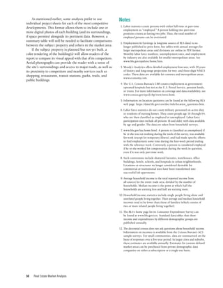 Real Estate Market Analysis
56
As mentioned earlier, some analysts prefer to use
individual project sheets for each of the most competitive
developments. This format allows them to include one or
more digital photos of each building (and its surroundings,
if space permits) alongside its pertinent data. However, a
summary table will still be needed to facilitate comparisons
between the subject property and others in the market area.
If the subject property is planned but not yet built, a
color rendering of the building(s) will allow readers of the
report to compare its visual appeal with that of its competitors.
Aerial photographs can provide the reader with a sense of
the site’s surroundings and access to major roads, as well as
its proximity to competitors and nearby services such as
shopping, restaurants, transit stations, parks, trails, and
public buildings.
Notes
	 1.	Labor statistics count persons with either full-time or part-time
employment as “employed.” A person holding two part-time
positions counts as having two jobs. Thus, the total number of
employed persons can be overstated.
	 2.	Employment & Earnings (a longtime source of BLS data) is no
longer published in print form, but tables with annual averages for
larger metropolitan areas and divisions are online in PDF format.
Monthly labor force numbers, unemployment rates, and employment
by industry are also available for smaller metropolitan areas. See
www.bls.gov/opub/ee/home/htm.
	 3.	Moody’s Analytics offers detailed employment forecasts, with 20 years
of history and long-range projections for two- and three-digit NAICS
codes. These data are available for counties and metropolitan areas.
www.economy.com.
	 4.	The U.S. Census Bureau’s CBP counts employment at government-
operated hospitals but not at the U.S. Postal Service, pension funds,
or trusts. For more information on coverage and data availability, see
www.census.gov/epcd/cbp/view/intro.html.
	 5.	Information on location quotients can be found at the following BLS
web page: https://data.bls.gov/cew/doc/info/location_quotients.htm.
	 6.	Labor force statistics do not count military personnel on active duty
or residents of nursing homes. They count people age 16 through 64,
who are then classified as employed or unemployed. Labor force
participation rates include all persons 16 and older, with data available
by age and gender. The data are taken from household surveys.
	 7.	www.bls.gov/lau.home.html. A person is classified as unemployed if
he or she was not working during the week of the survey, was available
for work (except for temporary illness), and had made specific efforts
to find employment some time during the four-week period ending
with the reference week. Conversely, a person is considered employed
if he or she worked for compensation during the week in question,
even if it was only part-time work.
	 8.	Such conversions include shuttered factories, warehouses, office
buildings, hotels, schools, and hospitals in urban neighborhoods.
Locations or structures no longer considered desirable for
commercial or institutional uses have been transformed into
successful loft apartments.
	 9.	Average household income is the total reported income from
all sources for the entire trade area, divided by the number of
households. Median income is the point at which half the
households are earning less and half are earning more.
10.	Household income statistics include single people living alone and
unrelated people living together. Their average and median household
incomes tend to be lower than those of families (which consist of
two or more related people living together).
11.	The BLS’s home page for its Consumer Expenditure Survey can
be found at www.bls.gov/cex. Standard data tables that show
income and expenditures by different demographic groups are
published annually.
12.	The decennial census does not ask questions about household income.
Information on incomes is available from the Census Bureau’s ACS
sample surveys. For small communities, data are summarized on the
basis of responses over a five-year period. In larger cities and suburbs,
these estimates are available annually. Estimates for custom-defined
market areas can be purchased from private demographic data
companies on either a subscription or a single-use basis.
 