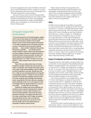 Real Estate Market Analysis
78
Market analysts looking at local population and
household growth data must consider the impact of the
demographic trends identified by the Joint Center and
others. Lower net foreign immigration and the possibility
of deportations of undocumented U.S. residents are two
areas where political decision-making could have an
impact on future housing demand.
Aging
In 2008, seniors (people age 65 and older) accounted for
12.7 percent of the total U.S. population. By 2016, this share
increased to 15.2 percent as the large baby boomer cohort
began reaching retirement age. The Census Bureau projects
that by 2030, seniors will make up more than 20 percent
of all Americans, as shown in figure 4-12. Although the
future housing choices of people who have yet to retire
are not precisely known, a wide range of development
types (described earlier) have already emerged to meet the
lifestyle preferences and needs of active older adults. At the
same time, increased longevity will require supportive-living
facilities (including dementia care) and nursing homes to
provide assistance for frail elderly persons. For those who
want to age in place and are able to do so, the growing older
population means greater demand for home renovation
services. In surveys, seniors voice a preference for staying in
their homes (perhaps making modifications to improve
safety) rather than moving to smaller units.
Impact of Immigration and Racial or Ethnic Diversity
Foreign-born persons, their families, and descendants have
accounted for an increasing share of household growth (and,
therefore, housing demand) in the United States. In 2017,
13.7 percent of U.S. residents were foreign-born, according to
the ACS. As recently as 1970, only 5 percent of U.S. residents
were born in another country. Although relatively recent
immigrants tend to rent by a wide margin, homeownership
rates for foreign-born households increase dramatically
with their length of residence in the United States.
The American population is increasingly diverse. Figure
4-13 shows that Hispanics are projected to account for
21 percent of the total U.S. population in 2030, up from
an estimated 18 percent in 2016. The number of Hispanic
residents will grow by 17.3 million. The Asian population
is also projected to show significant gains (an increase of
nearly 6.1 million).11
Growth in the number of non-Hispanic
whites will be very small; their share of total U.S. population
will shrink from 61 percent in 2016 to 56 percent by 2030.
The African American population will increase by 6 million
(14 percent), but its overall percentage among American
residents will increase only slightly. Note the 49 percent
uptick in Americans who identify themselves as biracial
or multiracial.
As discussed earlier, homeownership rates vary by race
and ethnicity, which is a result of income differences and
historical discrimination. Diversity is becoming more accepted
the nation’s population will exceed 344 million in 2025 and
grow to nearly 389 million by 2050.10
As figure 4-11 shows,
the rate of population growth has slowed considerably since
1995 and is projected to continue doing so.
Harvard University’s Joint Center for Housing Studies
prepares household growth projections and analyzes trends
that affect housing demand. The Joint Center publishes
insights into housing demand, supply, and affordability—
and how they are changing—in its annual State of the
Nation’s Housing report.
Demographic Changes Affect
Housing Demand
“The size and age structure of the adult population, together
with the rates at which people form households, determine
how much new housing is needed to meet increased
demand. In 2016, the Joint Center projected robust growth
of 13.6 million households over the next decade, assuming
a pickup in household formations among the millennial
generation, . . . longer periods of independent living among
the baby boom generation . . . and moderate growth in
foreign immigration. However, based on the Census Bureau’s
new lower population estimates and additional declines in
household formation among young adults, the latest Joint
Center projections put household growth in 2017–2027
significantly lower at 12.0 million. This total is more in line
with the 1.1 million average annual increase over the last
three years.
“Most of this new outlook reflects lower net foreign
immigration and higher mortality rates among native-born
whites. In combination, these changes mean slower growth
in the number of older white households as well as of Hispanic
and Asian households of most ages. Although lower than
the 1.3 million per year previously projected, net immigration
is still expected to average 1.0 million over the next decade
as growth of the native-born population continues to slow.
As a result, immigrants will increasingly drive household
growth, especially after 2020 when native-born population
growth decelerates further. As it is, the foreign-born share
of household growth has already climbed from 15 percent
in the 1980s . . . to nearly half so far this decade.
“Relatively low headship rates among millennials also
contribute to lower projected household growth. Despite
the recent pickup in incomes, adults under age 35 are
still not forming households at rates as high as previous
generations at that age. This suggests that other forces
are at play, including higher rates of college and graduate
school attendance and lower rates of marriage and
childbearing. High housing costs may also be a factor,
given the smaller share of young adults heading up
households in expensive housing markets.”
Source: Joint Center for Housing Studies, The State of the Nation’s Housing 2018, p. 2.
 