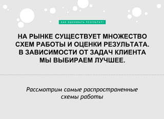 К А К О Ц Е Н И В А Т Ь Р Е З У Л Ь Т А Т ?
НА РЫНКЕ СУЩЕСТВУЕТ МНОЖЕСТВО
СХЕМ РАБОТЫ И ОЦЕНКИ РЕЗУЛЬТАТА.
В ЗАВИСИМОСТИ ОТ ЗАДАЧ КЛИЕНТА
МЫ ВЫБИРАЕМ ЛУЧШЕЕ.
Рассмотрим самые распространенные
схемы работы
 