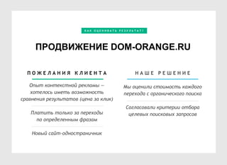 В С Е Н А Ч И Н А Е Т С Я С А Н А Л И З А
П О Ж Е Л А Н И Я К Л И Е Н Т А
Опыт контекстной рекламы —
хотелось иметь возможность
сравнения результатов (цена за клик)
Платить только за переходы
по определенным фразам
Новый сайт-одностраничник
ПРОДВИЖЕНИЕ DOM-ORANGE.RU
Н А Ш Е Р Е Ш Е Н И Е
Мы оценили стоимость каждого
перехода с органического поиска
Согласовали критерии отбора
целевых поисковых запросов
К А К О Ц Е Н И В А Т Ь Р Е З У Л Ь Т А Т ?
 