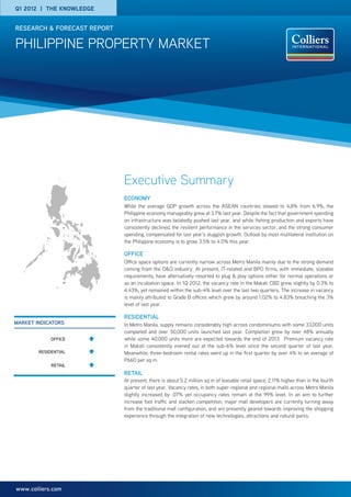 Q1 2012 | the knowledge


research & forecast report

pHILIPPINE PROPERTY MARKET




                             Executive Summary
                             Economy
                             While the average GDP growth across the ASEAN countries slowed to 4,8% from 6.9%, the
                             Philippine economy manageably grew at 3.7% last year. Despite the fact that government spending
                             on infrastructure was belatedly pushed last year, and while fishing production and exports have
                             consistently declined, the resilient performance in the services sector, and the strong consumer
                             spending, compensated for last year’s sluggish growth. Outlook by most multilateral institution on
                             the Philippine economy is to grow 3.5% to 4.0% this year.

                             Office
                             Office space options are currently narrow across Metro Manila mainly due to the strong demand
                             coming from the O&O industry. At present, IT-related and BPO firms, with immediate, sizeable
                             requirements, have alternatively resorted to plug & play options either for normal operations or
                             as an incubation space. In 1Q 2012, the vacancy rate in the Makati CBD grew slightly by 0.3% to
                             4.43%, yet remained within the sub-4% level over the last two quarters. The increase in vacancy
                             is mainly attributed to Grade B offices which grew by around 1.02% to 4.83% breaching the 3%
                             level of last year.

                             residential
market indicators            In Metro Manila, supply remains considerably high across condominiums with some 33,000 units
                             completed and over 50,000 units launched last year. Completion grew by over 48% annually
             OFFICE          while some 40,000 units more are expected towards the end of 2013. Premium vacancy rate
                             in Makati consistently evened out at the sub-6% level since the second quarter of last year.
        RESIDENTIAL          Meanwhile, three-bedroom rental rates went up in the first quarter by over 4% to an average of
                             P660 per sq m.
             rETAIL
                             retail
                             At present, there is about 5.2 million sq m of leasable retail space, 2.11% higher than in the fourth
                             quarter of last year. Vacancy rates, in both super-regional and regional malls across Metro Manila
                             slightly increased by .07% yet occupancy rates remain at the 99% level. In an aim to further
                             increase foot traffic and slacken competition, major mall developers are currently turning away
                             from the traditional mall configuration, and are presently geared towards improving the shopping
                             experience through the integration of new technologies, attractions and natural parks.




www.colliers.com
 