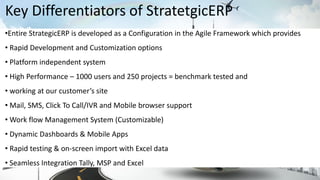 •Entire StrategicERP is developed as a Configuration in the Agile Framework which provides
• Rapid Development and Customization options
• Platform independent system
• High Performance – 1000 users and 250 projects = benchmark tested and
• working at our customer’s site
• Mail, SMS, Click To Call/IVR and Mobile browser support
• Work flow Management System (Customizable)
• Dynamic Dashboards & Mobile Apps
• Rapid testing & on-screen import with Excel data
• Seamless Integration Tally, MSP and Excel
Key Differentiators of StratetgicERP
 