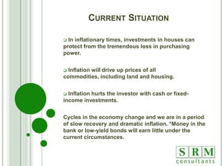 Current SituationStock Market – Currently back to a stable level in December but much of the value is derived from 2009 earnings reports.  These earnings have been created or maintained through cost cutting and record layoffs.  (10.2% unemployment)  Bond Market – The bond market is not offering significant returns unless you purchase long term bonds.  In this uncertain environment there is not much potential for Treasury or corporate bonds to appreciate in value like stocks, commodities, or real estate.