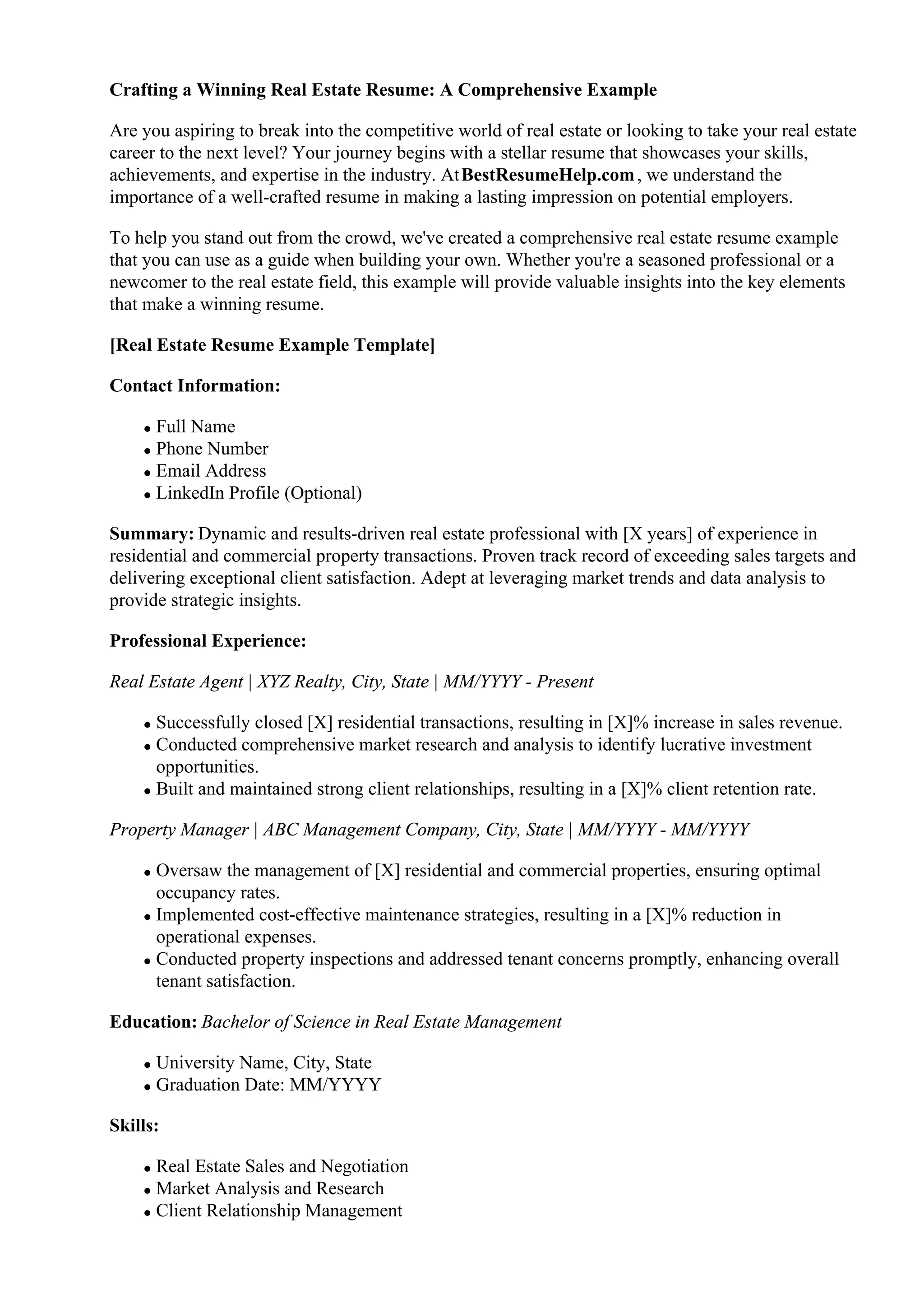 Real Estate Resume Example. Professional Experienc | PDF 