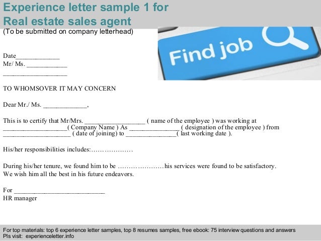 Real estate sales agent experience letter