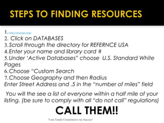 "I am Totally Committed to my Success"
 
1.http://mysapl.org/
2. Click on DATABASES
3.Scroll through the directory for REFERNCE USA
4.Enter your name and library card #
5.Under ‘Active Databases” choose U.S. Standard White
Pages
6.Choose “Custom Search
7.Choose Geography and then Radius
Enter Street Address and .5 in the “number of miles” field
 You will the see a list of everyone within a half mile of your
listing. (be sure to comply with all “do not call” regulations)
CALL THEM!!
 