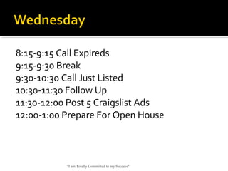 8:15-9:15 Call Expireds
9:15-9:30 Break
9:30-10:30 Call Just Listed
10:30-11:30 Follow Up
11:30-12:00 Post 5 Craigslist Ads
12:00-1:00 Prepare For Open House
"I am Totally Committed to my Success"
 