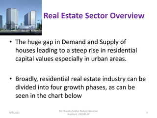 • The huge gap in Demand and Supply of
houses leading to a steep rise in residential
capital values especially in urban areas.
• Broadly, residential real estate industry can be
divided into four growth phases, as can be
seen in the chart below
Real Estate Sector Overview
8/7/2013 3
M. Chandra Sekhar Reddy, Executive
Assistant, CREDAI AP
 