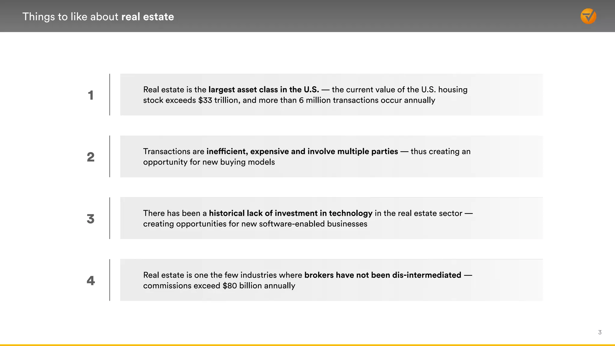3
Real estate is the largest asset class in the U.S. — the current value of the U.S. housing  
stock exceeds $33 trillion, and more than 6 million transactions occur annually
There has been a historical lack of investment in technology in the real estate sector —
creating opportunities for new software-enabled businesses
Transactions are inefficient, expensive and involve multiple parties — thus creating an
opportunity for new buying models
Real estate is one the few industries where brokers have not been dis-intermediated —
commissions exceed $80 billion annually
1
2
3
4
Things to like about real estate
 