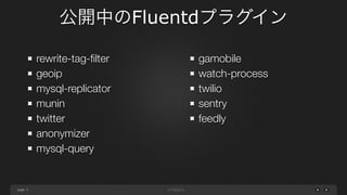 page
公開中のFluentdプラグイン
5
rewrite-tag-ﬁlter
geoip
mysql-replicator
munin
twitter
anonymizer
mysql-query
gamobile
watch-process
twilio
sentry
feedly
 