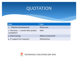 QUOTATION 
Item Cost 
1. Website Development RM30,000 
2. Warranty – 1 month after project 
RM0 
completion 
3. Web hosting RM500-700/month 
4. IT support (on request) RM300/hour 
TECHNOVAULT SOLUTIONS SDN. BHD. 
