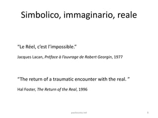 Simbolico, immaginario, reale


“Le Réel, c’est l’impossible.”
Jacques Lacan, Préface à l’ouvrage de Robert Georgin, 1977
...