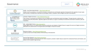 PRIVATE AND CONFIDENTIAL
DRAFTGovernance
ADGM – Abu Dhabi Global Markets - https://www.adgm.com
ADGM is the first jurisdiction in the world to introduce a comprehensive and bespoke regulatory framework for the regulation of spot crypto
asset activities, including those undertaken by exchanges, brokers, custodians, asset managers and other intermediaries.
Chamber of Digital Commerce - https://digitalchamber.org/
Their mission is to promote the acceptance and use of digital assets and blockchain-based technologies. Through education, advocacy and
working closely with policymakers, regulatory agencies and industry, our goal is to develop an environment that fosters innovation, jobs and
investment.
GDF – Global Digital Finance- https://www.gdf.io/
Global Digital Finance is an industry body driving the acceleration and adoption of digital finance to support the next era of digital commerce,
dedicated to the advancement of next-generation technologies in finance for society.
Blockchain Alliance - https://blockchainalliance.org/
A public-private forum to help combat criminal activity on the blockchain
Security Token Network- https://token.security/stn/
Security Token Network connects the Security Token ecosystem, provides in-depth industry research for institutional finance and investors, and
delivers STOs for growth stage startups.
13
 