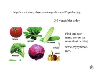 http://www.industryplayer.com/images/licrespic/Vegetables.jpg 3-5 vegetables a day Find out how many  you as an individual...