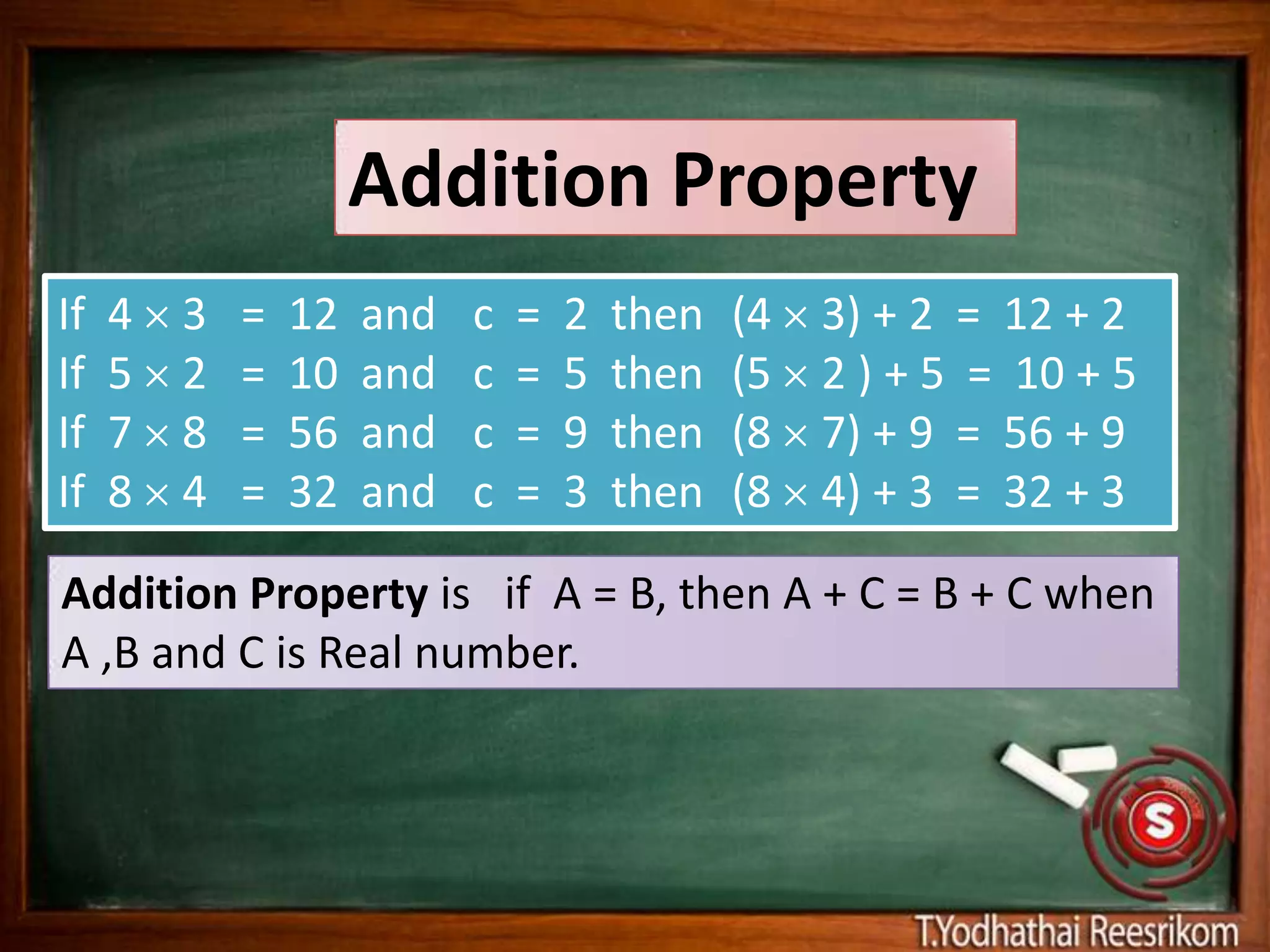 Addition Property
If   4   3   =   12   and   c   =   2   then   (4   3) + 2 = 12 + 2
If   5   2   =   10   and   c   =   5   then   (5   2 ) + 5 = 10 + 5
If   7   8   =   56   and   c   =   9   then   (8   7) + 9 = 56 + 9
If   8   4   =   32   and   c   =   3   then   (8   4) + 3 = 32 + 3

Addition Property is if A = B, then A + C = B + C when
A ,B and C is Real number.
 